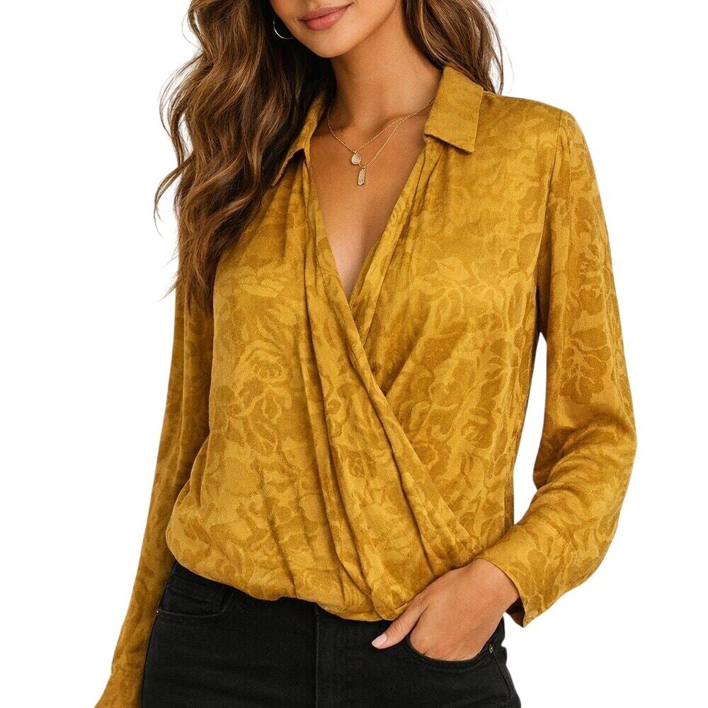 NWT Anthropologie Maeve Lydia Faux Wrap Top Gold Burnout Floral Blouse Large L